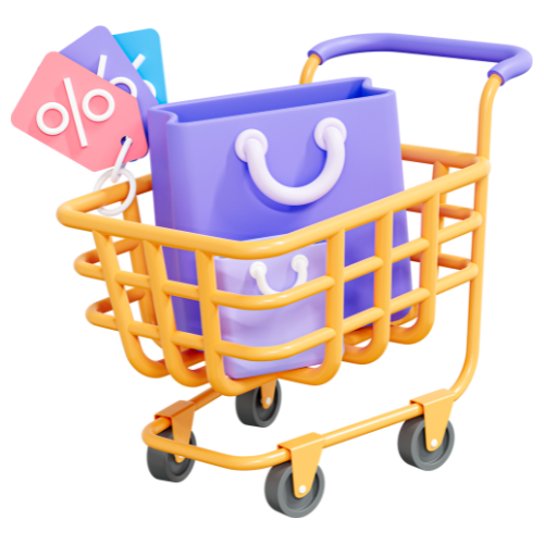 Se observa un carrito de la compra con varias bolsas y etiquetas de descuento haciendo referencia al servicio de compra online de PaKeterías.